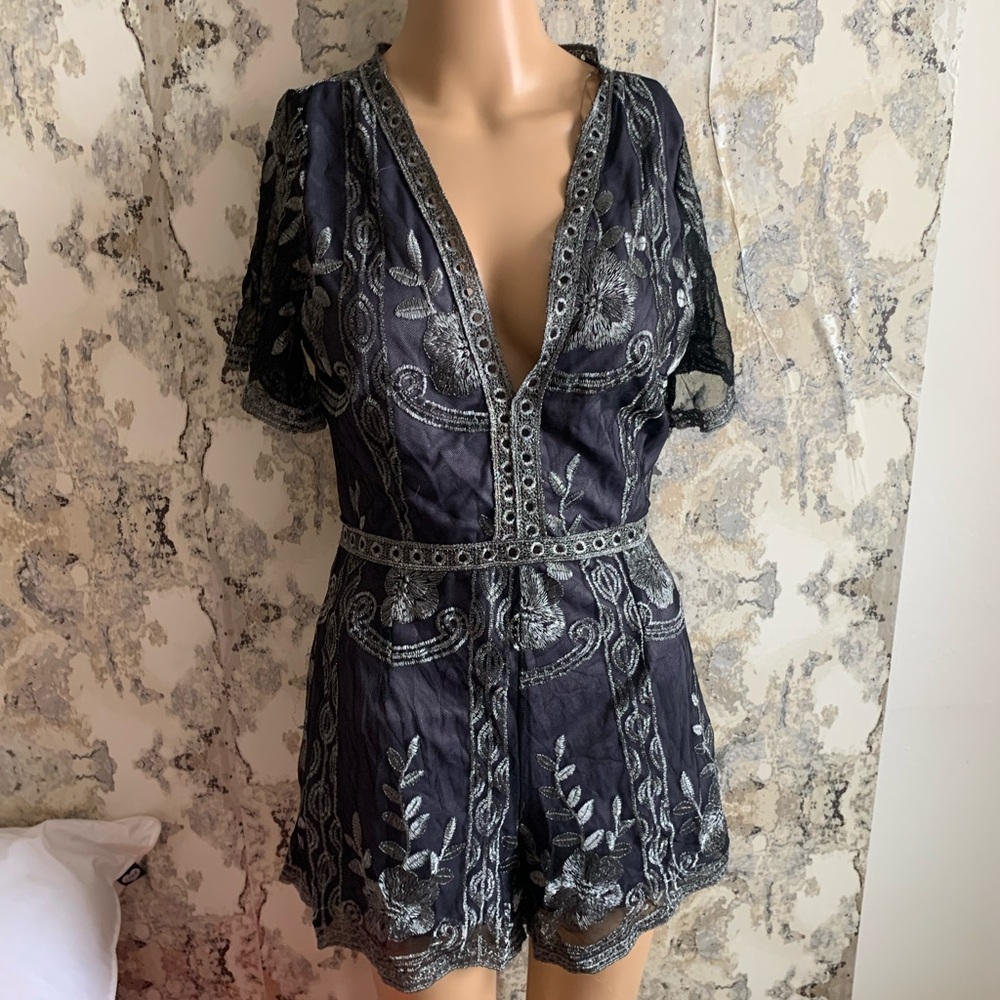 INTRICATE GREY FLORAL TRANSPARENT BACK ROMPER